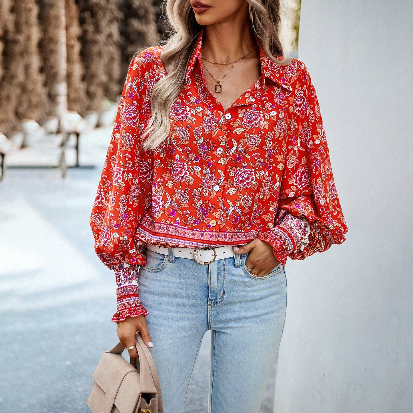 Diyun Design European And American Cross-Border Amazon Printed Shirt Women's 2023 Autumn And Winter Foreign Trade Vacation Casual Long-Sleeved Top