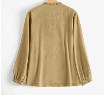 New Cross-border Women's Loose Solid Color Lantern Sleeve Cardigan Ruffled Round Neck Solid Color All-match Top