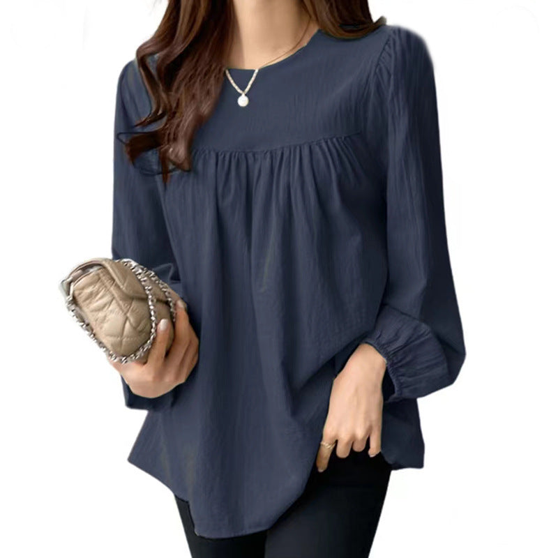 Spring And Autumn European And American Clothing Solid Color Loose Round Neck Large Size Shirt