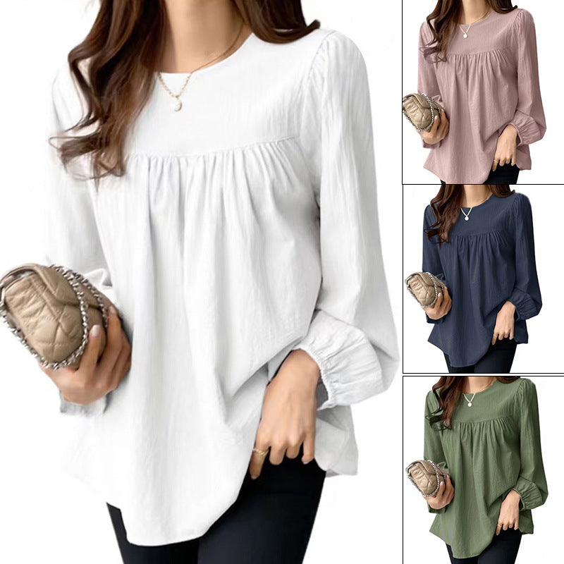 Spring And Autumn European And American Clothing Solid Color Loose Round Neck Large Size Shirt