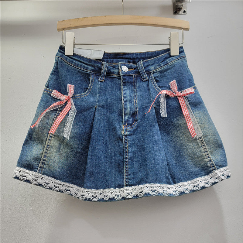 Lace Lace Band Bow High Waist Slimming A- Line Skirt