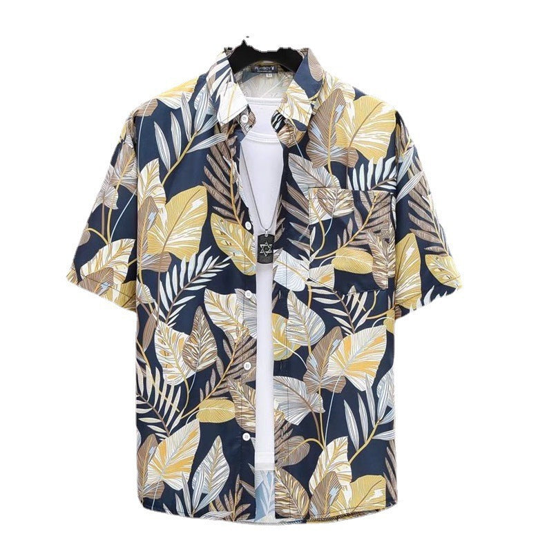 Summer New Hawaiian Shirt Thin Section Quick-drying Ice Silk Loose All-match Beach Print Men's Short-sleeved Shirt Tide