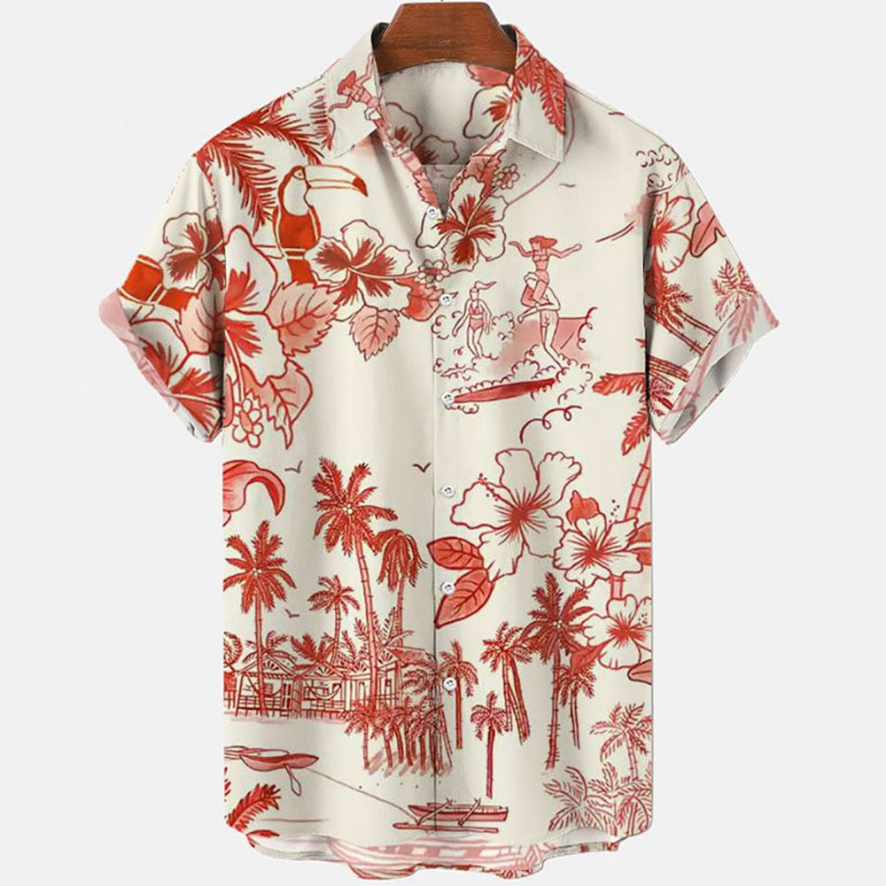 Summer New Men's Clothing Casual All-matching Fashion Trendy Printed Plant Pattern High Quality Short Sleeve Shirt