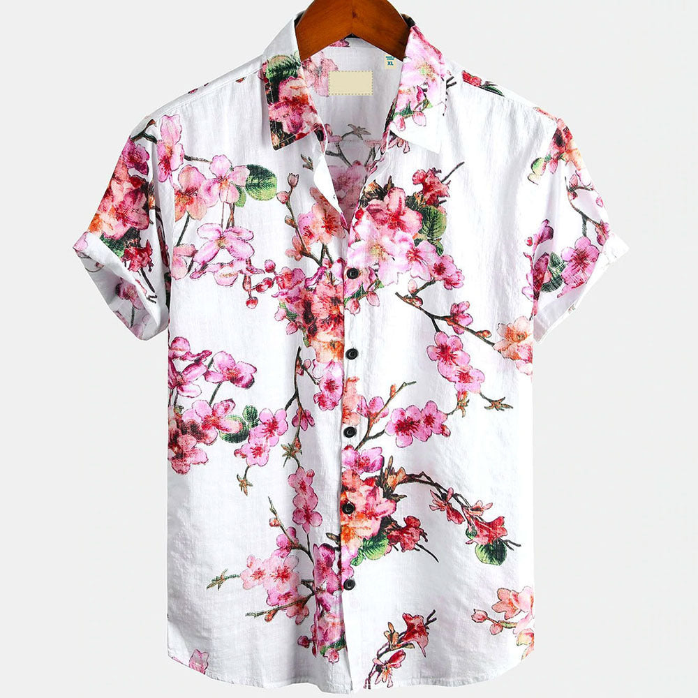 Summer New Men's Clothing Casual All-matching Fashion Trendy Printed Plant Pattern High Quality Short Sleeve Shirt