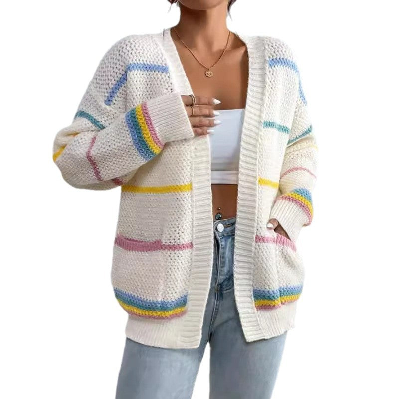 Autumn And Winter Rainbow Strip Knitted Cardigan Cross-border Foreign Trade Women's Sweater Fashion Loose Casual All-match Knitted Sweater Jacket