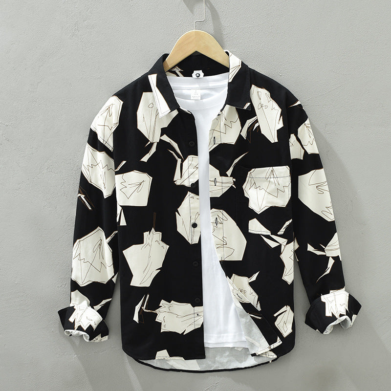 1579 Trend Printed Shirt Men's Long Sleeve Hong Kong Style Japanese Fashion Handsome Loose Casual Shirt