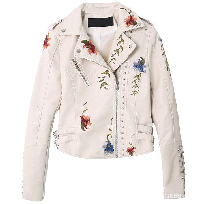 Spring Supply Light Mature Temperament Embroidered Rivets Women's PU Heavy Metal Fashion Leather Women's Short Jacket