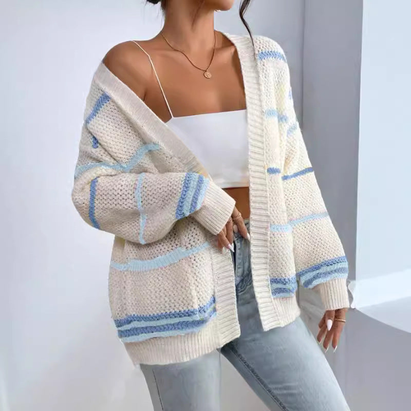 Autumn And Winter Rainbow Strip Knitted Cardigan Cross-border Foreign Trade Women's Sweater Fashion Loose Casual All-match Knitted Sweater Jacket