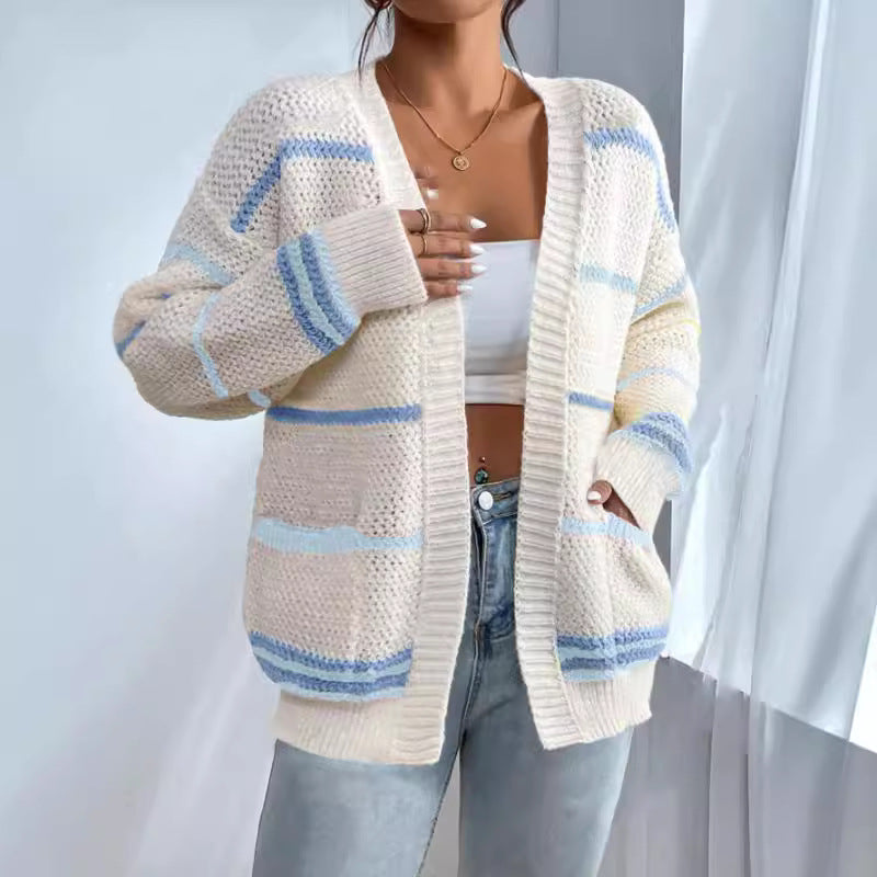 Autumn And Winter Rainbow Strip Knitted Cardigan Cross-border Foreign Trade Women's Sweater Fashion Loose Casual All-match Knitted Sweater Jacket