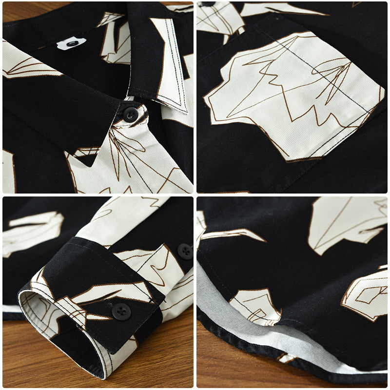 1579 Trend Printed Shirt Men's Long Sleeve Hong Kong Style Japanese Fashion Handsome Loose Casual Shirt