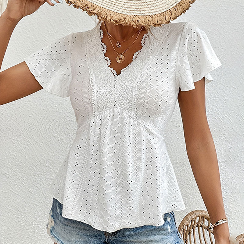 Knitted Jacquard Hollow Lace Edge Perspective V-Neck Short-Sleeved T-Shirt Spring And Summer Elegant Stretch Long Shirt Women's Top