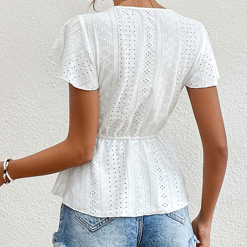Knitted Jacquard Hollow Lace Edge Perspective V-Neck Short-Sleeved T-Shirt Spring And Summer Elegant Stretch Long Shirt Women's Top