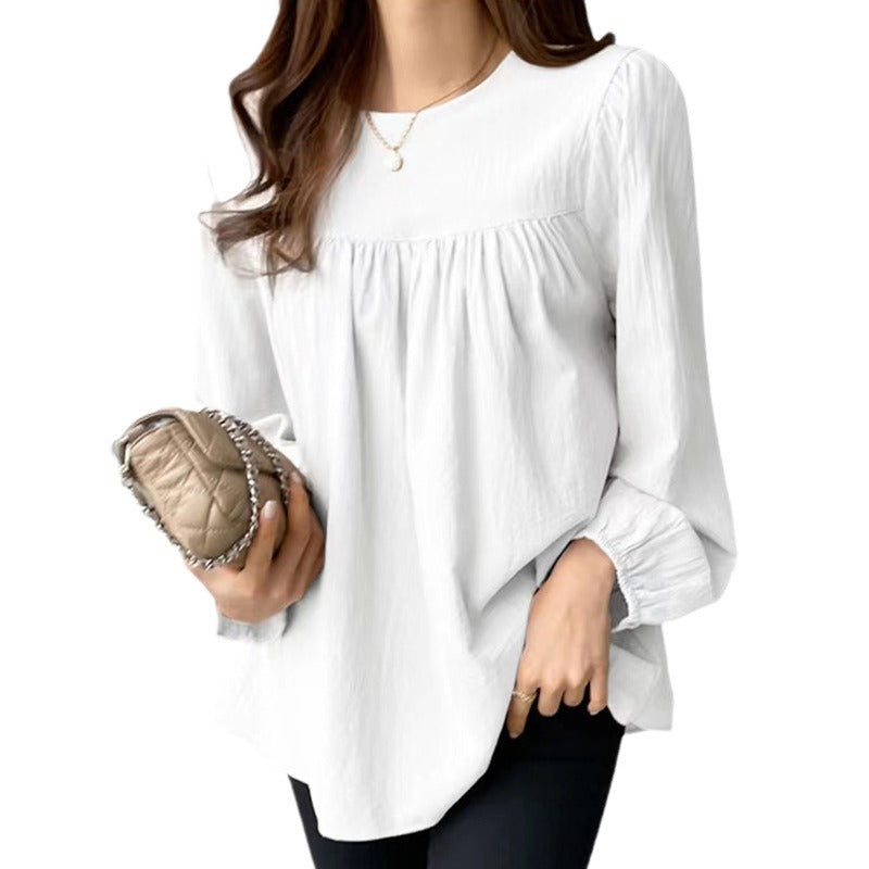 Spring And Autumn European And American Clothing Solid Color Loose Round Neck Large Size Shirt