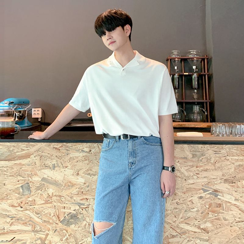 MYQ Short-sleeved Polo Shirt T-shirt Men's Summer Korean-style Loose Solid Color Cuban Collar Half-sleeved Lapel Knitted Shirt T-shirt