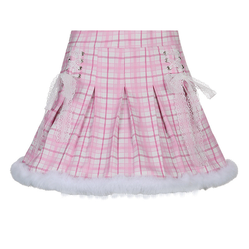 Cross-border European And American New Style Wool Stitching Plaid Pleated Skirt Girl Sweet Style High Waist Lace Strappy Skirt Autumn And Winter