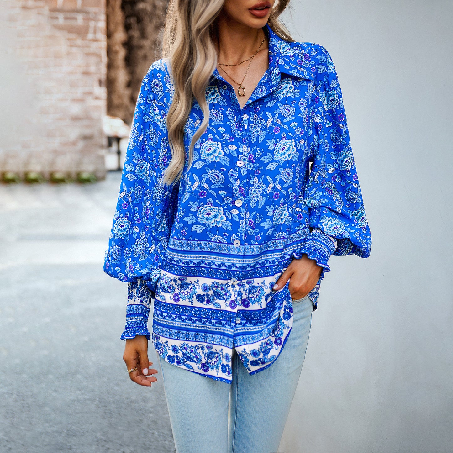 Diyun Design European And American Cross-Border Amazon Printed Shirt Women's 2023 Autumn And Winter Foreign Trade Vacation Casual Long-Sleeved Top
