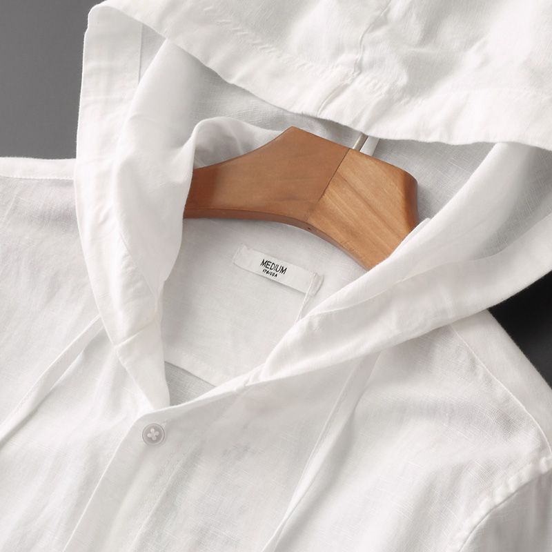 Hooded Tether Thin Loose Long Linen Sleeves Men's Shirt