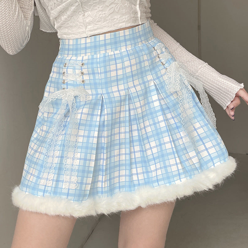 Cross-border European And American New Style Wool Stitching Plaid Pleated Skirt Girl Sweet Style High Waist Lace Strappy Skirt Autumn And Winter