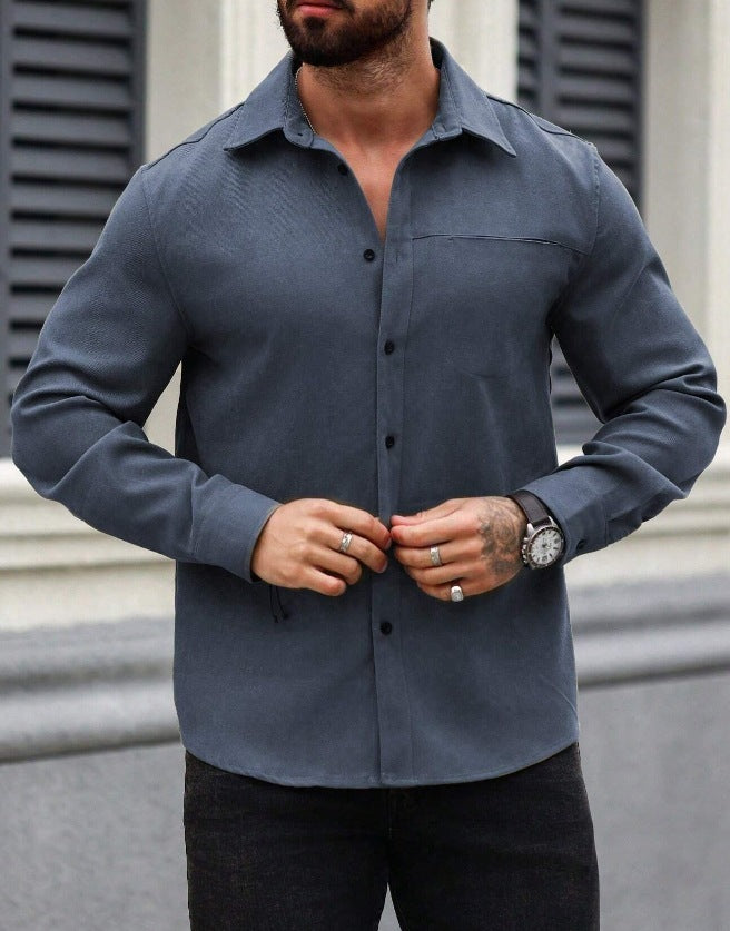 Men's Solid Color Pocket Shirt Long Sleeve Single-breasted Lining