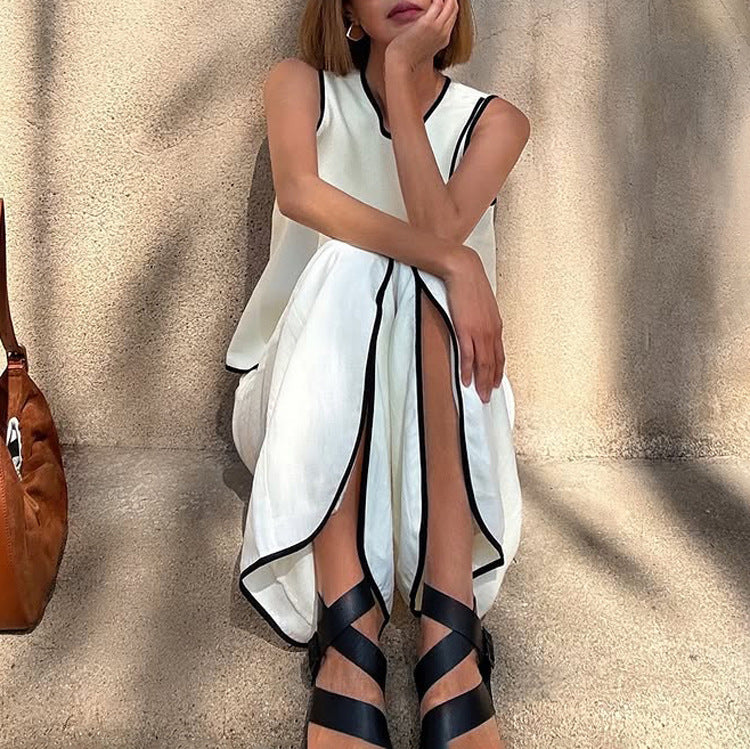 Cross Design Round Neck Sleeveless Top Split Trousers Two-piece Set