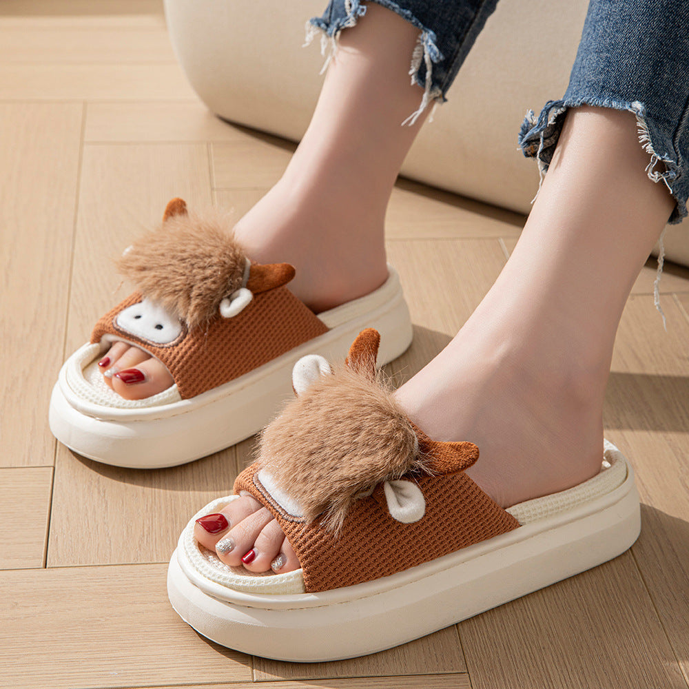 Spring And Autumn Linen Indoor Home Cartoon Eva Soft Bottom Mute Sweat-absorbent Slippers For Women