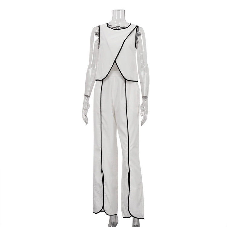 Cross Design Round Neck Sleeveless Top Split Trousers Two-piece Set