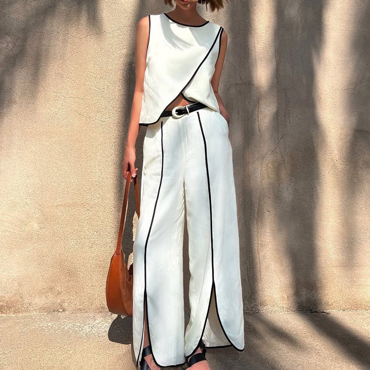 Cross Design Round Neck Sleeveless Top Split Trousers Two-piece Set