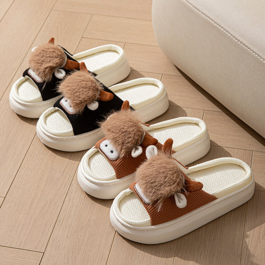 Spring And Autumn Linen Indoor Home Cartoon Eva Soft Bottom Mute Sweat-absorbent Slippers For Women