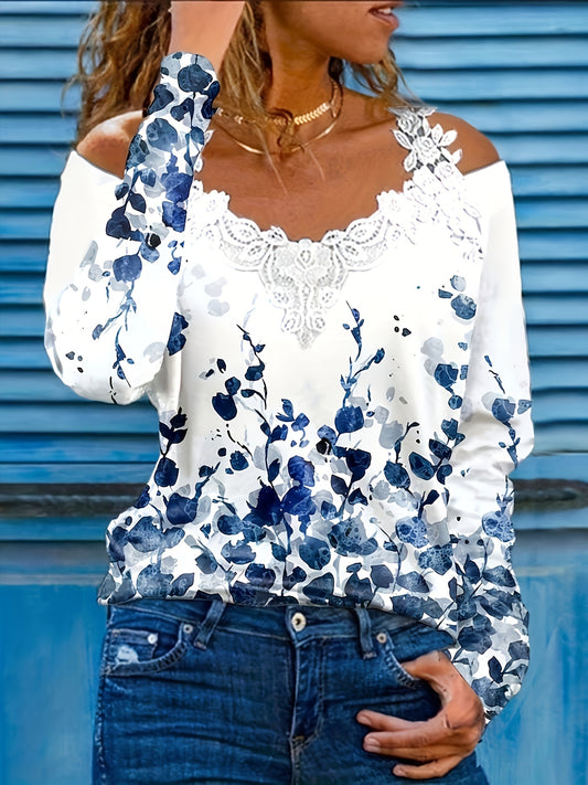 Frühling und Herbst Neue Lässige Pflanzenmuster Spitze Trim Off-Shoulder Langarm Oberteil