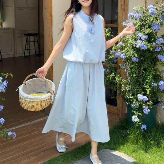 Women's Blue Cotton Blended Stand Collar Sleeveless Bud Vest