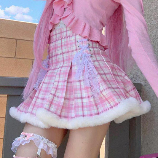 Cross-border European And American New Style Wool Stitching Plaid Pleated Skirt Girl Sweet Style High Waist Lace Strappy Skirt Autumn And Winter