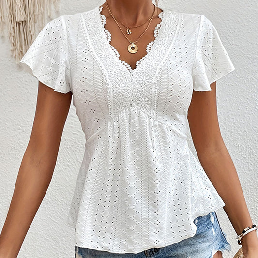 Knitted Jacquard Hollow Lace Edge Perspective V-Neck Short-Sleeved T-Shirt Spring And Summer Elegant Stretch Long Shirt Women&#039;s Top