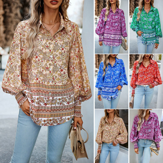 Diyun Design European And American Cross-Border Amazon Printed Shirt Women&#039;s 2023 Autumn And Winter Foreign Trade Vacation Casual Long-Sleeved Top