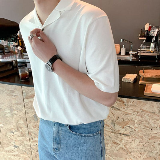 MYQ Short-sleeved Polo Shirt T-shirt Men&#039;s Summer Korean-style Loose Solid Color Cuban Collar Half-sleeved Lapel Knitted Shirt T-shirt