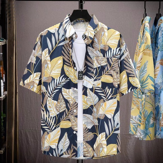 Summer New Hawaiian Shirt Thin Section Quick-drying Ice Silk Loose All-match Beach Print Men&#039;s Short-sleeved Shirt Tide