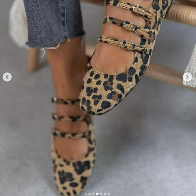 Low Heel Flat Horse Fur Leopard Print Shoes