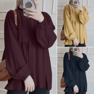 New Cross-border Women&#039;s Loose Solid Color Lantern Sleeve Cardigan Ruffled Round Neck Solid Color All-match Top