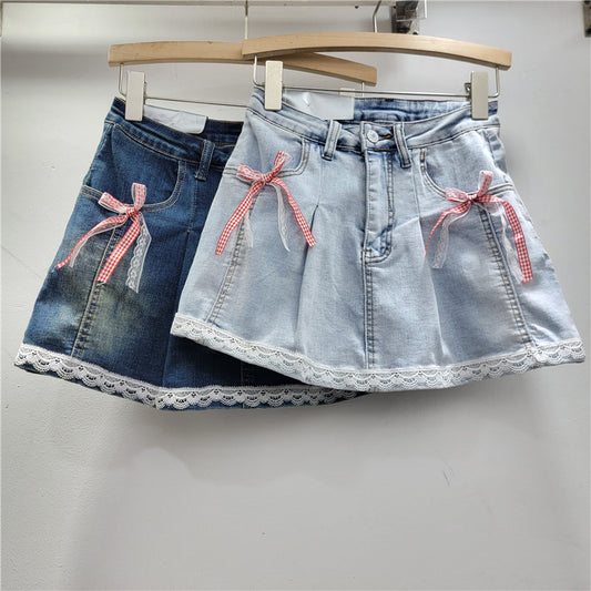 Lace Lace Band Bow High Waist Slimming A- Line Skirt