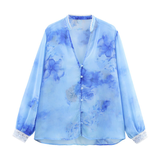 Frühling Sommer Ethnischer Stil Floral Druck Langarm Bluse